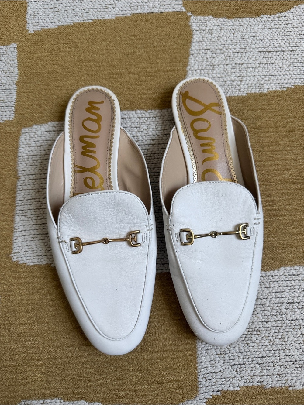Sam Edelman White Leather Slip-On Mules with Gold Horsebit